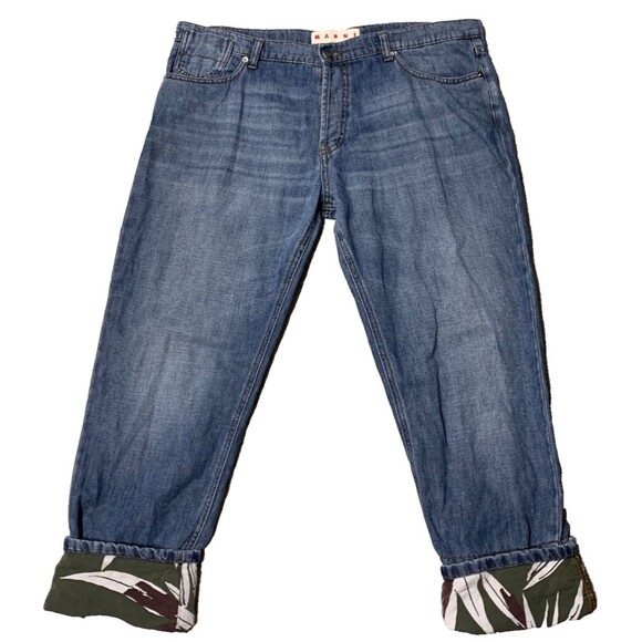 MARNI Jeans Womens 29 Blue Turn Cuff Green Leaf Print Mid Rise Button Fly Italy - Picture 2 of 16